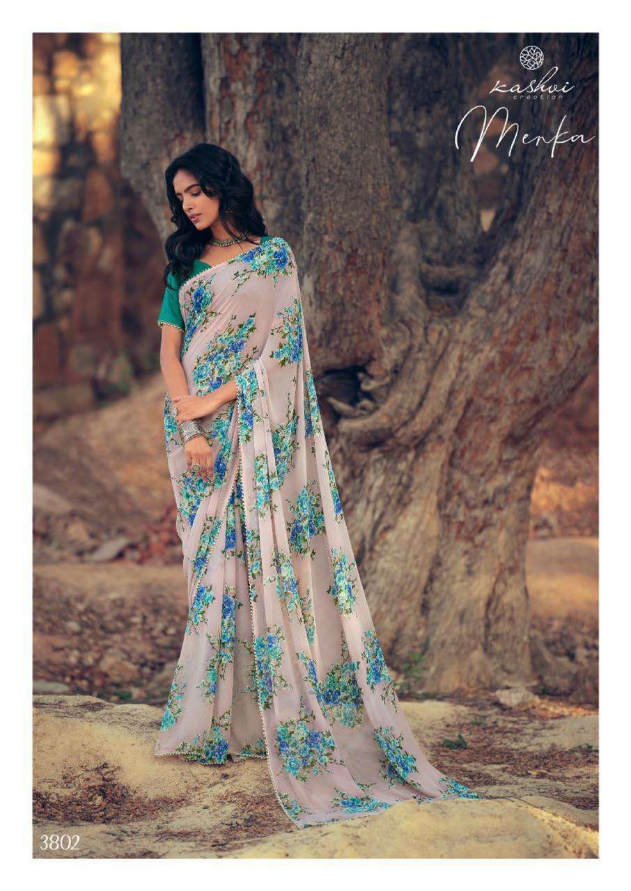 MENKA BY KASHVI CREATION 3801 TO 3810 SERIES INDIAN TRADITIONAL WEAR COLLECTION BEAUTIFUL STYLISH FANCY COLORFUL PARTY WEAR & OCCASIONAL WEAR CHIFFON SAREES AT WHOLESALE PRICE