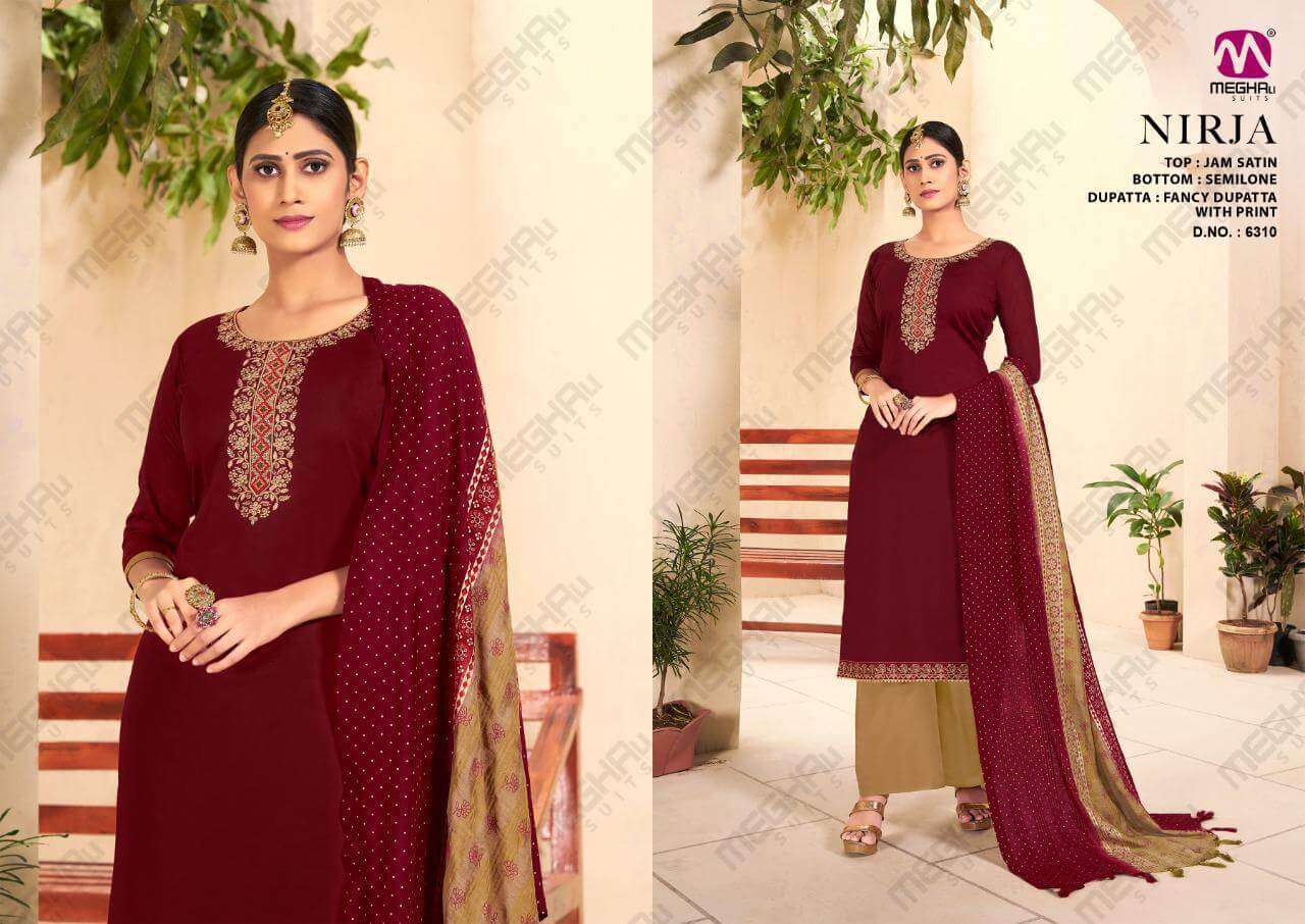 NIRJA BY MEGHALI SUITS 6309 TO 6314 SERIES BEAUTIFUL SUITS COLORFUL STYLISH FANCY CASUAL WEAR & ETHNIC WEAR JAM SATIN DRESSES AT WHOLESALE PRICE