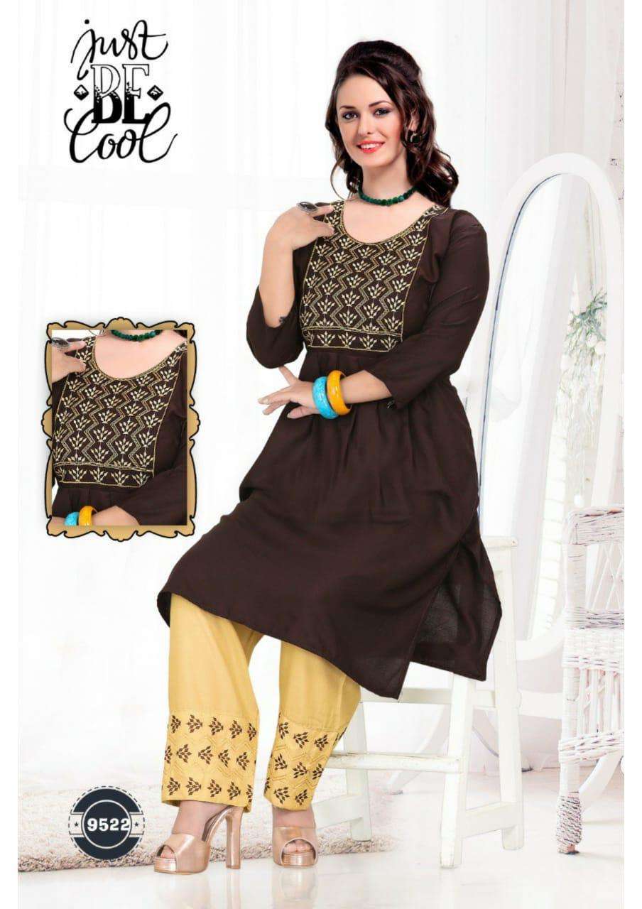 PARI BY JUST BE COOL 9521 TO 9530 SERIES DESIGNER STYLISH FANCY COLORFUL BEAUTIFUL PARTY WEAR & ETHNIC WEAR COLLECTION RAYON PRINT KURTIS WITH BOTTOM AT WHOLESALE PRICE
