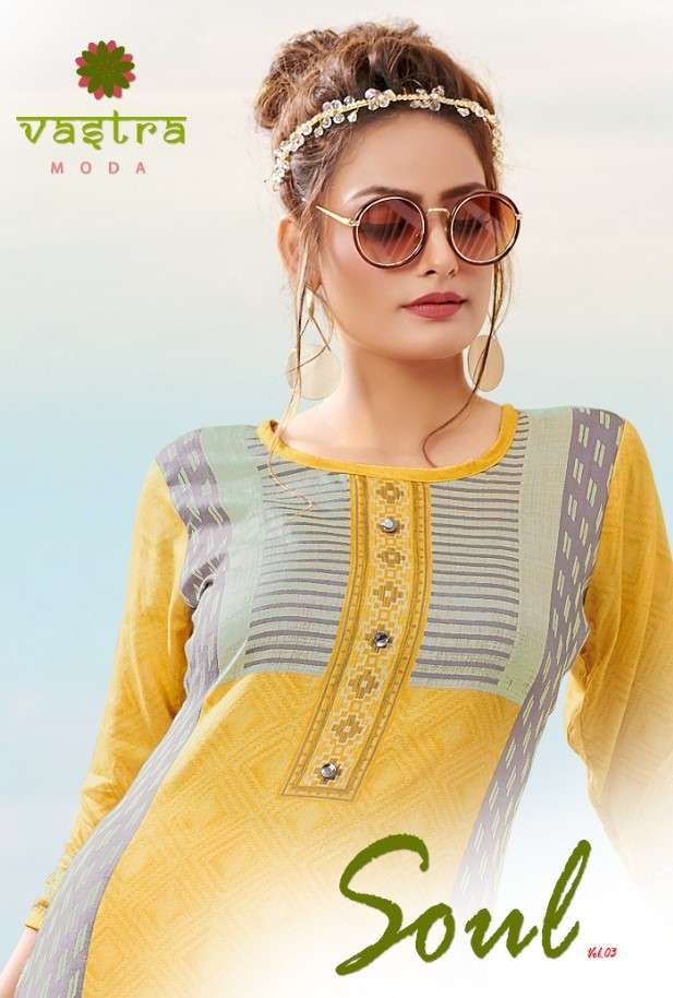 SOUL VOL-3 BY VASTRA MODA 3001 TO 3008 SERIES DESIGNER STYLISH FANCY COLORFUL BEAUTIFUL PARTY WEAR & ETHNIC WEAR COLLECTION PREMIUM COTTON KURTIS WITH BOTTOM AT WHOLESALE PRICE
