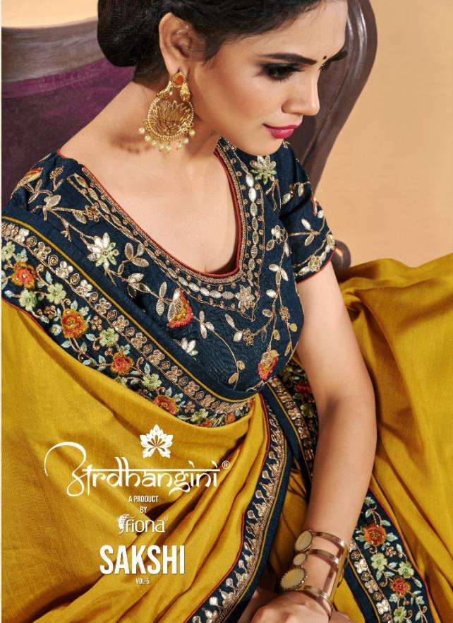 SAKSHI VOL-5 BY ARDHANGINI 1201 TO 1206 SERIES INDIAN TRADITIONAL WEAR COLLECTION BEAUTIFUL STYLISH FANCY COLORFUL PARTY WEAR & OCCASIONAL WEAR HEAVY DOLA SILK SAREES AT WHOLESALE PRICE