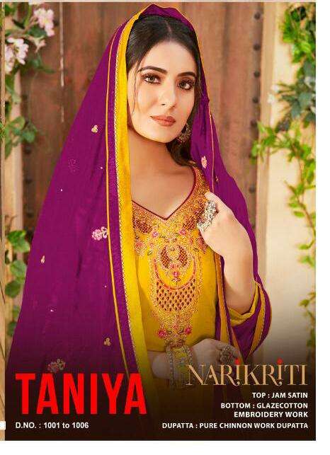 TANIYA BY NARIKRITI 1001 TO 1006 SERIES BEAUTIFUL STYLISH SHARARA SUITS FANCY COLORFUL CASUAL WEAR & ETHNIC WEAR & READY TO WEAR JAM SATIN DRESSES AT WHOLESALE PRICE