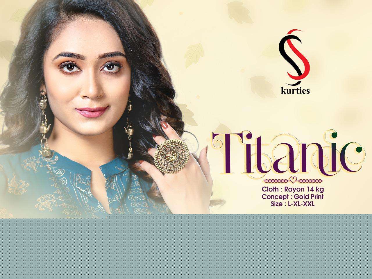 TITANIC BY S S KURTIS 101 TO 106 SERIES DESIGNER STYLISH FANCY COLORFUL BEAUTIFUL PARTY WEAR & ETHNIC WEAR COLLECTION RAYON GOLD PRINT KURTIS AT WHOLESALE PRICE