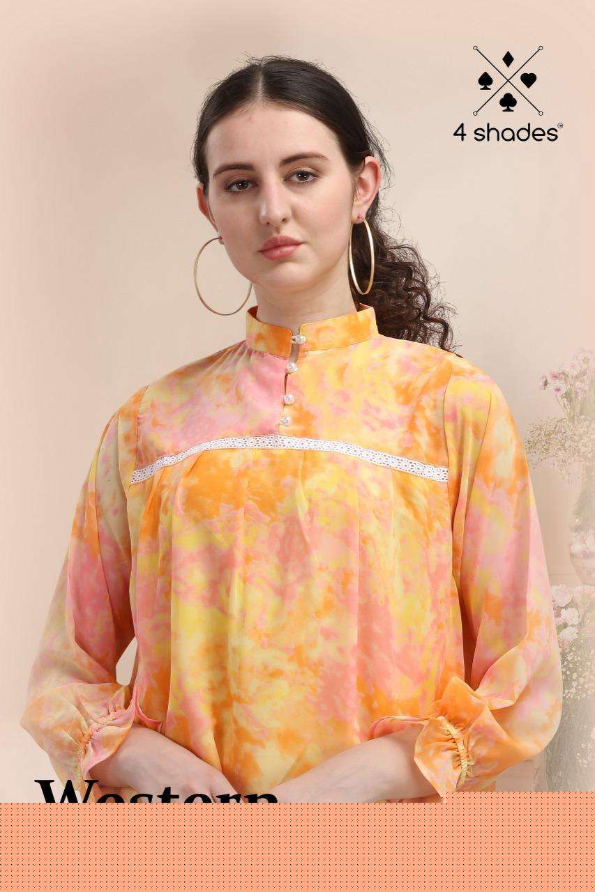 WESTERN VOL-5 BY 4 SHADES 101 TO 104 SERIES DESIGNER STYLISH FANCY COLORFUL BEAUTIFUL PARTY WEAR & ETHNIC WEAR COLLECTION GEORGETTE PRINT KURTIS AT WHOLESALE PRICE