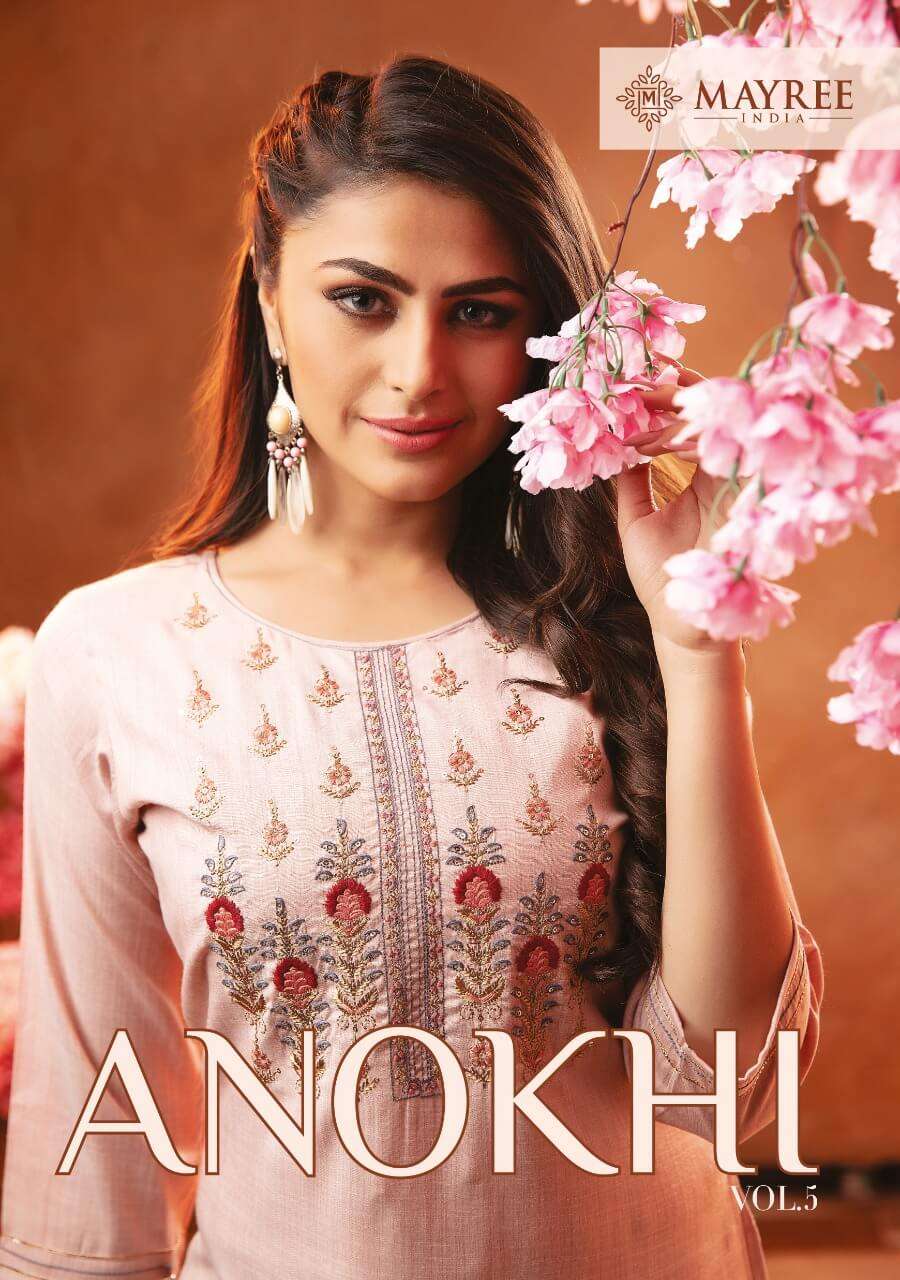 ANOKHI VOL-5 BY MAYREE 501 TO 508 SERIES DESIGNER STYLISH FANCY COLORFUL BEAUTIFUL PARTY WEAR & ETHNIC WEAR COLLECTION RAYON EMBROIDERY KURTIS WITH BOTTOM AT WHOLESALE PRICE