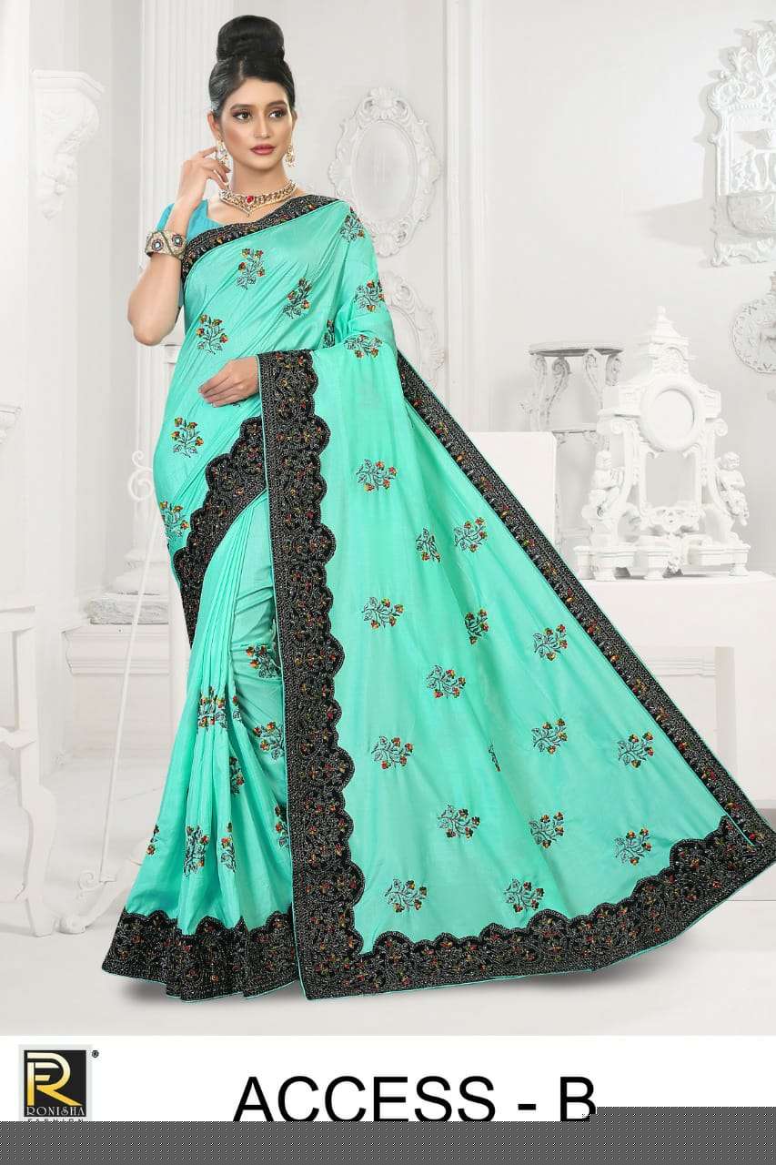 ACCESS BY RONISHA FASHION A TO E SERIES INDIAN TRADITIONAL WEAR COLLECTION BEAUTIFUL STYLISH FANCY COLORFUL PARTY WEAR & OCCASIONAL WEAR DOLA SILK EMBROIDERED SAREES AT WHOLESALE PRICE
