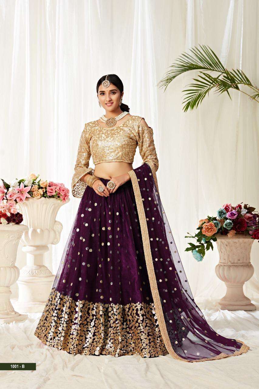 Agnilekha 1001 Colours By Aawiya 1001-A To 1001-E Series Indian Traditional Beautiful Stylish Designer Banarasi Silk Jacquard Embroidered Party Wear Net Lehengas At Wholesale Price