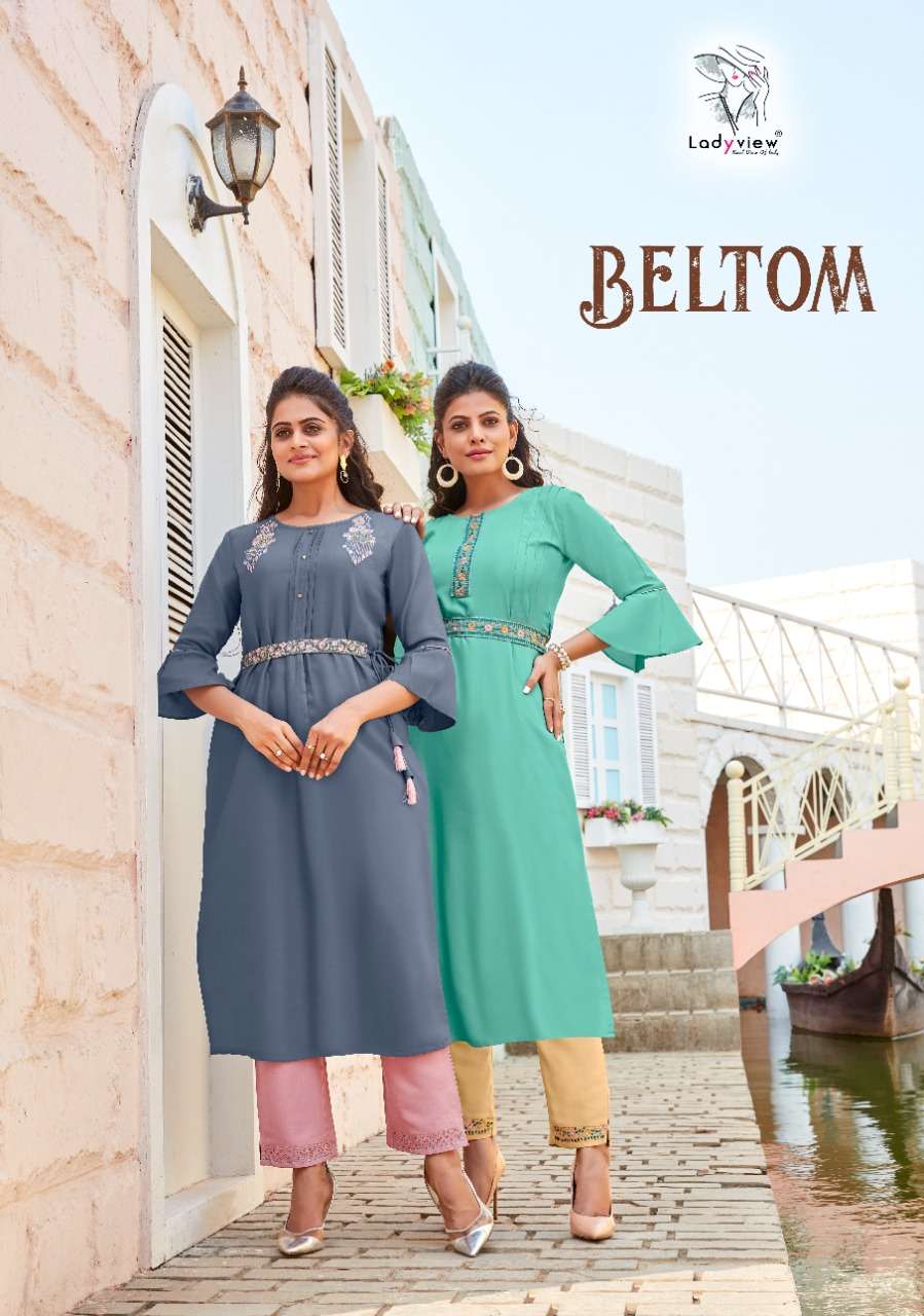 BELTOM BY LADY VIEW 1001 TO 1006 SERIES DESIGNER STYLISH FANCY COLORFUL BEAUTIFUL PARTY WEAR & ETHNIC WEAR COLLECTION RAYON EMBROIDERY KURTIS WITH BOTTOM AT WHOLESALE PRICE