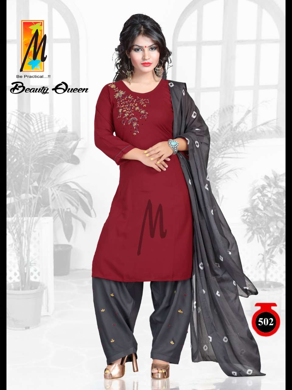 BEAUTY QUEEN BY M BE PRACTICAL 501 TO 508 SERIES BEAUTIFUL STYLISH PATIYALA SUITS FANCY COLORFUL CASUAL WEAR & ETHNIC WEAR & READY TO WEAR RAYON WITH WORK DRESSES AT WHOLESALE PRICE