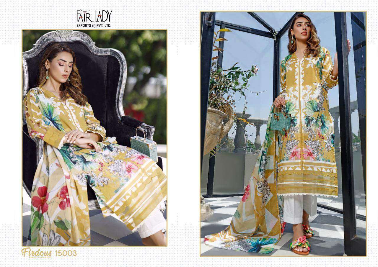 FIRDOUS DIGITAL COLLECTION BY FAIR LADY 15001 TO 15006 SERIES BEAUTIFUL SUITS COLORFUL STYLISH FANCY CASUAL WEAR & ETHNIC WEAR LAWN COTTON DIGITAL PRINT EMBROIDERED DRESSES AT WHOLESALE PRICE
