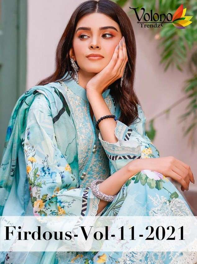 FIRDOUS VOL-11-2021 BY VOLONO TRENDZ 777 TO 781 SERIES BEAUTIFUL PAKISTANI SUITS STYLISH FANCY COLORFUL PARTY WEAR & OCCASIONAL WEAR PURE COTTON PRINT WITH EMBROIDERY DRESSES AT WHOLESALE PRICE