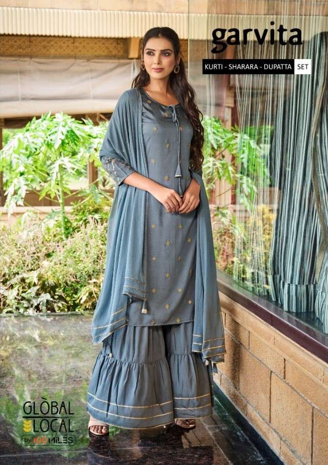 GARVITA BY GLOBAL LOCAL 01 TO 06 SERIES BEAUTIFUL STYLISH SHARARA SUITS FANCY COLORFUL CASUAL WEAR & ETHNIC WEAR & READY TO WEAR MUSLIN EMBROIDERED DRESSES AT WHOLESALE PRICE
