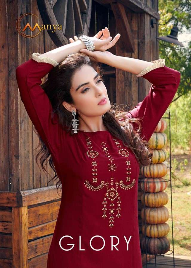 GLORY BY MANYA 1140 TO 1145 SERIES DESIGNER STYLISH FANCY COLORFUL BEAUTIFUL PARTY WEAR & ETHNIC WEAR COLLECTION COTTON EMBROIDERY KURTIS WITH BOTTOM AT WHOLESALE PRICE