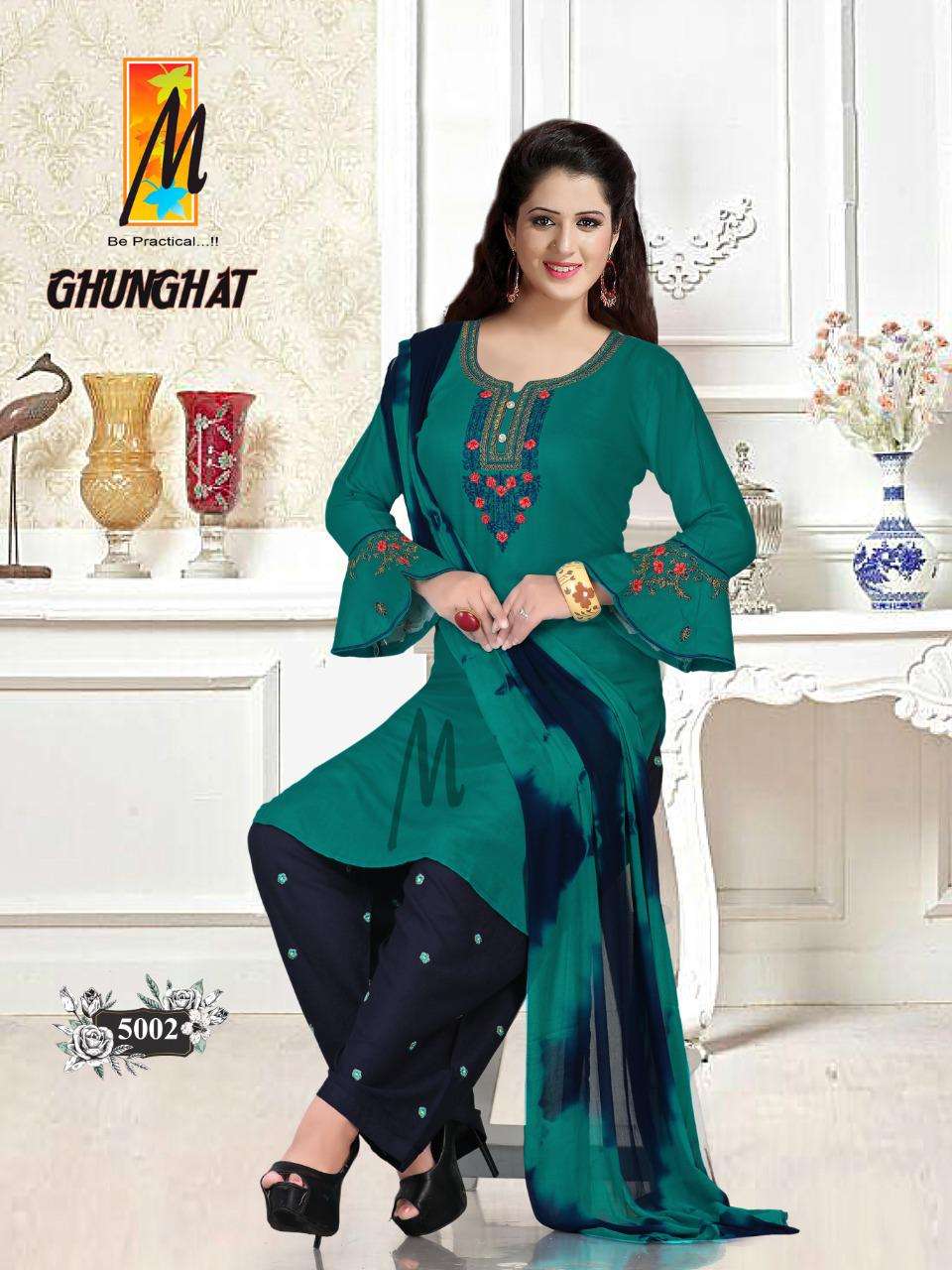 GHUNGHAT BY M BE PRACTICAL 5001 TO 5008 SERIES BEAUTIFUL STYLISH PATIYALA SUITS FANCY COLORFUL CASUAL WEAR & ETHNIC WEAR & READY TO WEAR RAYON WITH WORK DRESSES AT WHOLESALE PRICE