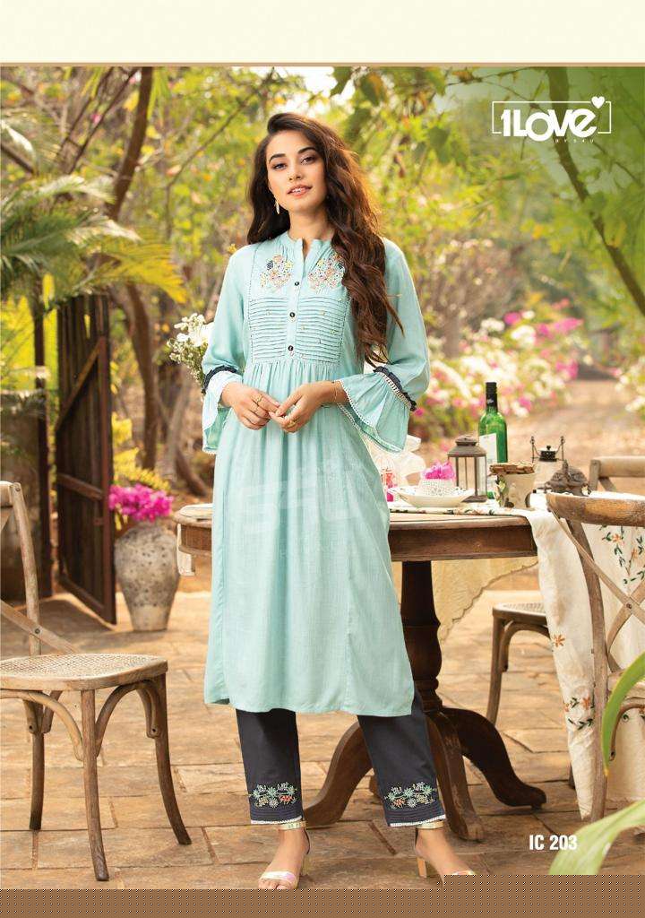 INDI CHIC VOL-2 BY 1 LOVE 201 TO 207 SERIES DESIGNER STYLISH FANCY COLORFUL BEAUTIFUL PARTY WEAR & ETHNIC WEAR COLLECTION RAYON SLUB KURTIS WITH BOTTOM AT WHOLESALE PRICE