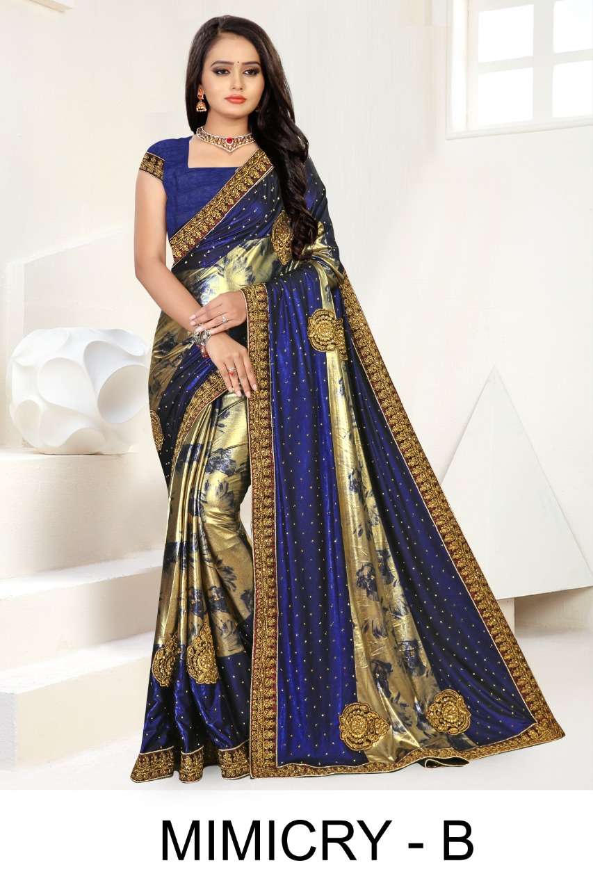 MIMICRY BY RANJNA A TO D SERIES INDIAN TRADITIONAL WEAR COLLECTION BEAUTIFUL STYLISH FANCY COLORFUL PARTY WEAR & OCCASIONAL WEAR LYCRA EMBROIDERED SAREES AT WHOLESALE PRICE