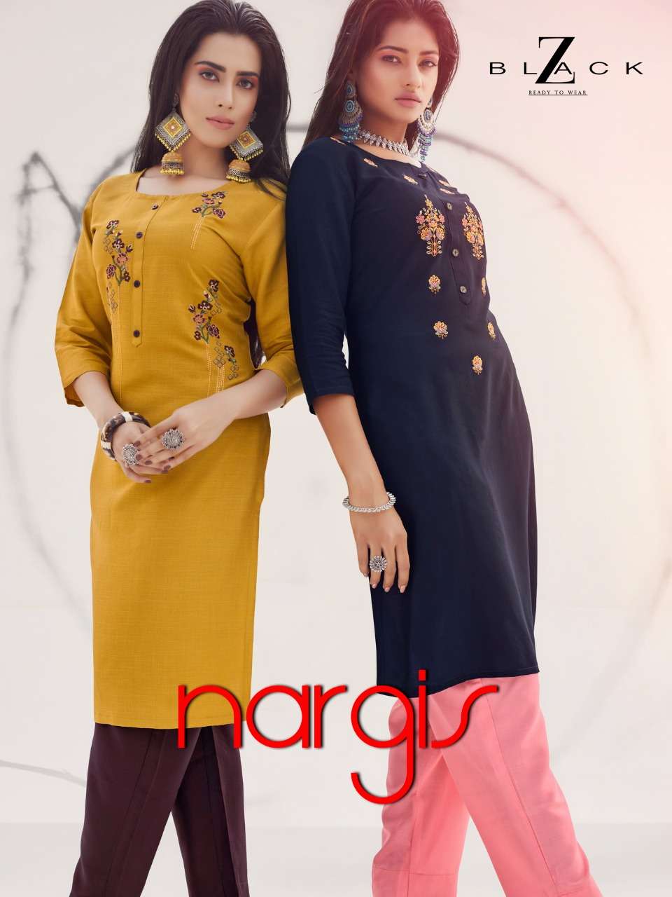 NARGIS BY Z BLACK 1001 TO 1006 SERIES DESIGNER STYLISH FANCY COLORFUL BEAUTIFUL PARTY WEAR & ETHNIC WEAR COLLECTION RAYON EMBROIDERY KURTIS WITH BOTTOM AT WHOLESALE PRICE