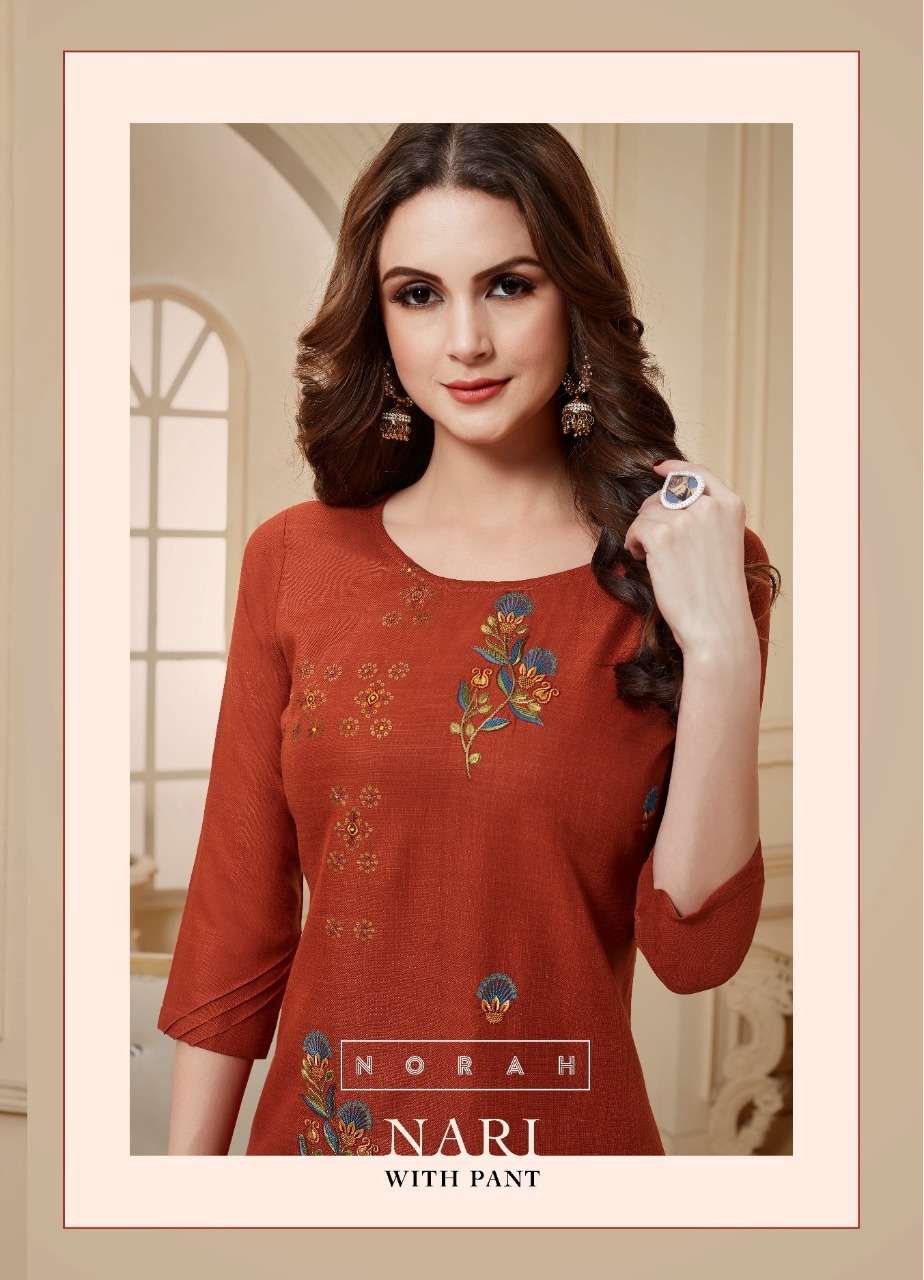 NARI BY NORAH 2032 TO 2037 SERIES DESIGNER STYLISH FANCY COLORFUL BEAUTIFUL PARTY WEAR & ETHNIC WEAR COLLECTION COTTON EMBROIDERY KURTIS WITH BOTTOM AT WHOLESALE PRICE