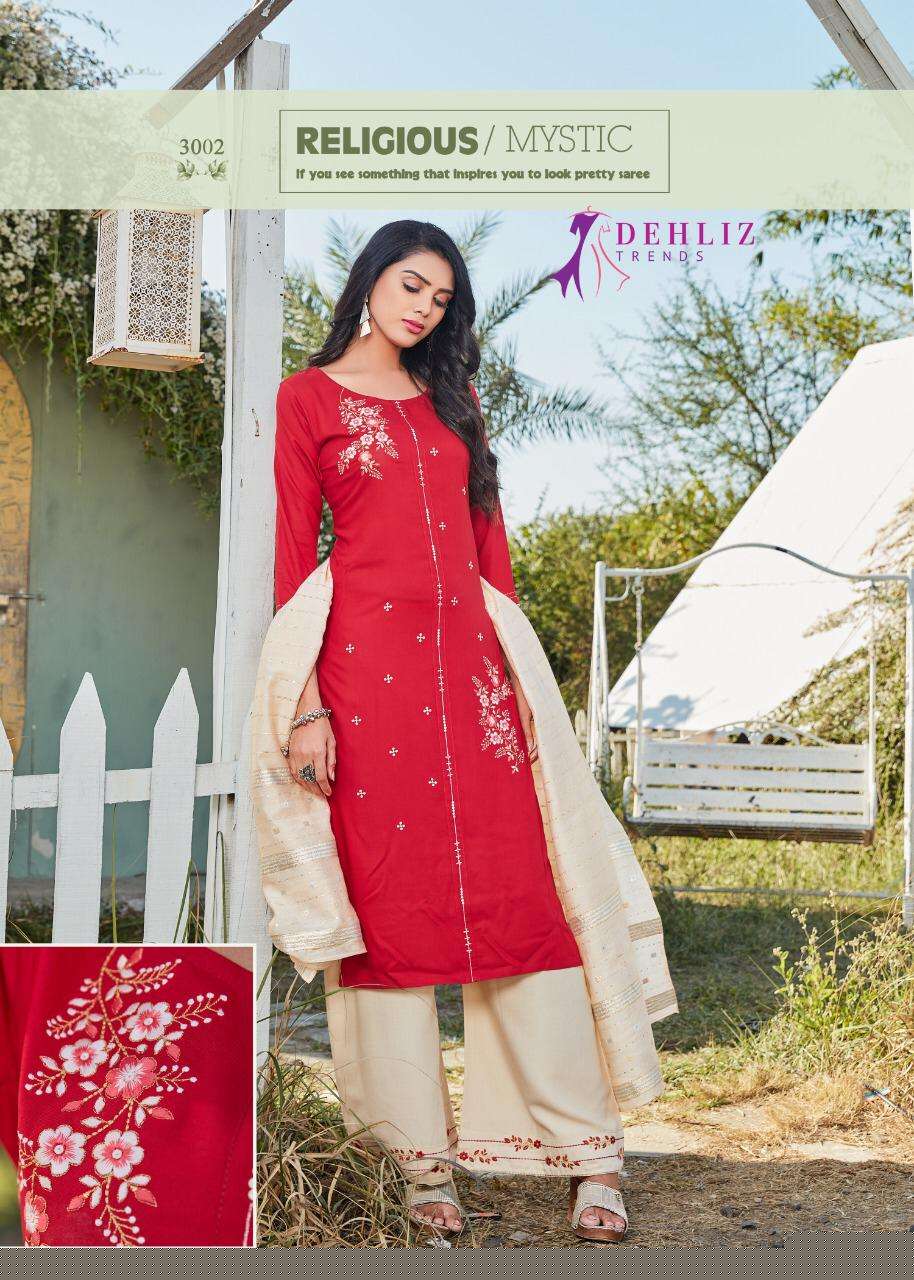 PAALAV VOL-3 BY DEHLIZ TRENDZ 3001 TO 3006 SERIES BEAUTIFUL SUITS COLORFUL STYLISH FANCY CASUAL WEAR & ETHNIC WEAR PREMIUM RAYON EMBROIDERED DRESSES AT WHOLESALE PRICE