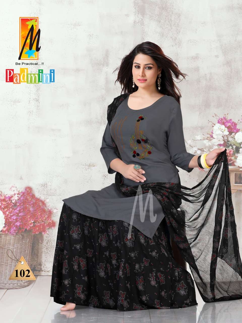 PADMINI BY M BE PRACTICAL 101 TO 108 SERIES BEAUTIFUL STYLISH PATIYALA SUITS FANCY COLORFUL CASUAL WEAR & ETHNIC WEAR & READY TO WEAR RAYON WITH WORK DRESSES AT WHOLESALE PRICE