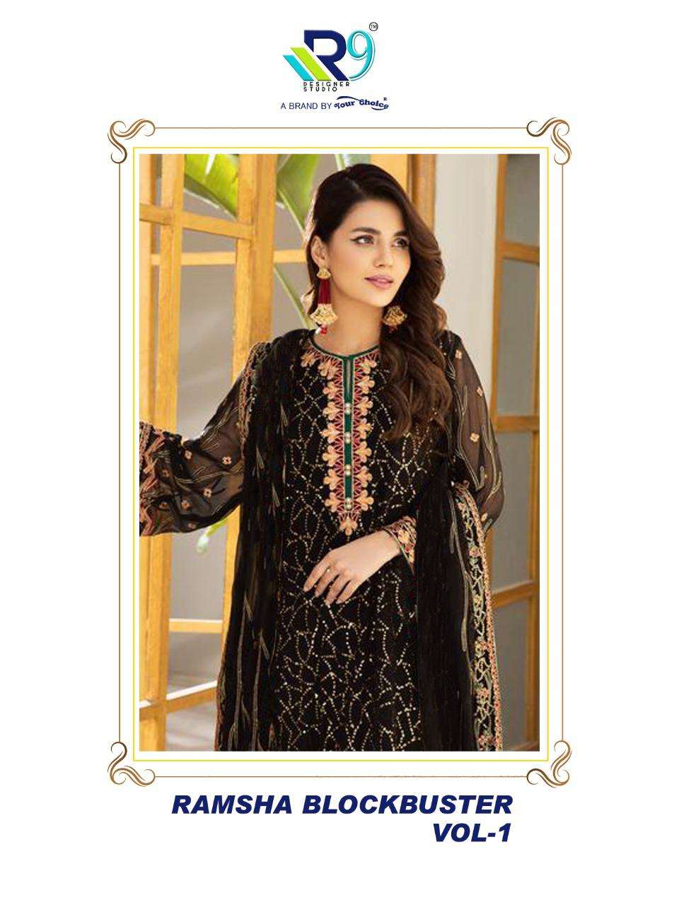 RAMSHA BLOCKBUSTER BY R9 1001 TO 1006 SERIES DESIGNER FESTIVE PAKISTANI SUITS COLLECTION BEAUTIFUL STYLISH FANCY COLORFUL PARTY WEAR & OCCASIONAL WEAR FAUX GEORGETTE EMBROIDERED DRESSES AT WHOLESALE PRICE