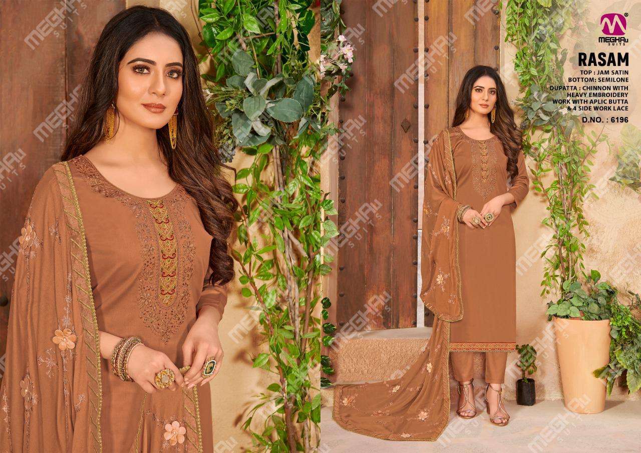 RASAM BY MEGHALI SUITS 6195 TO 6200 SERIES BEAUTIFUL SUITS COLORFUL STYLISH FANCY CASUAL WEAR & ETHNIC WEAR JAM SATIN DRESSES AT WHOLESALE PRICE