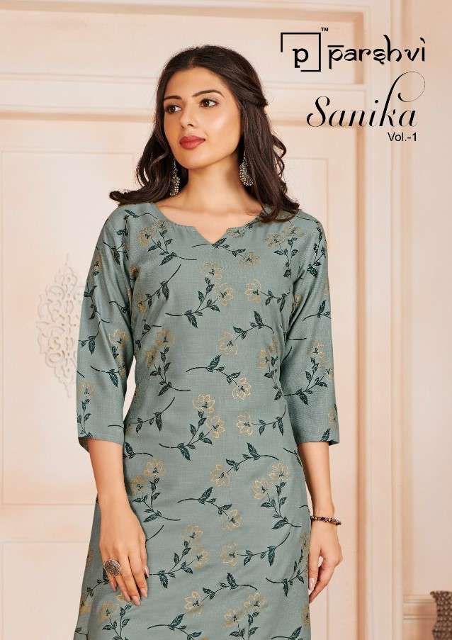 SANIKA VOL-1 BY PARSHVI 01 TO 08 SERIES DESIGNER STYLISH FANCY COLORFUL BEAUTIFUL PARTY WEAR & ETHNIC WEAR COLLECTION RAYON SLUB FOIL PRINT KURTIS AT WHOLESALE PRICE