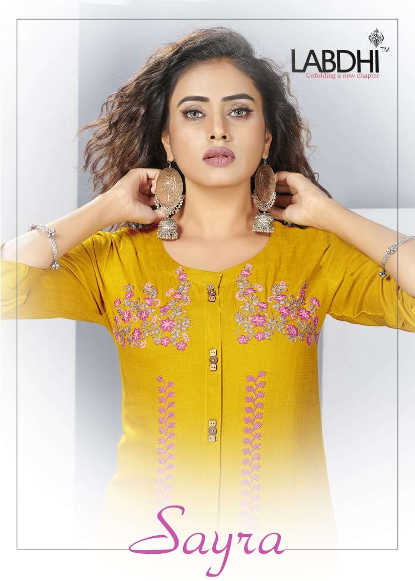 SAYRA BY LABDHI 1001 TO 1006 SERIES DESIGNER STYLISH FANCY COLORFUL BEAUTIFUL PARTY WEAR & ETHNIC WEAR COLLECTION RAYON SLUB EMBROIDERY KURTIS WITH BOTTOM AT WHOLESALE PRICE