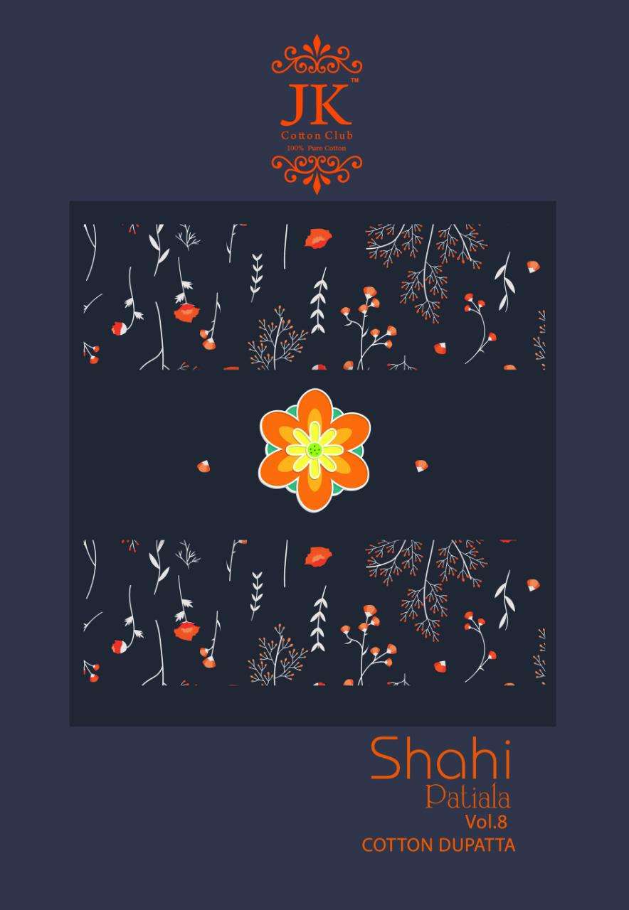SHAHI PATIYALA VOL-8 BY JK COTTON CLUB 8001 TO 8012 SERIES BEAUTIFUL STYLISH SUITS FANCY COLORFUL CASUAL WEAR & ETHNIC WEAR & READY TO WEAR INDONASIA COTTON PRINTED DRESSES AT WHOLESALE PRICE