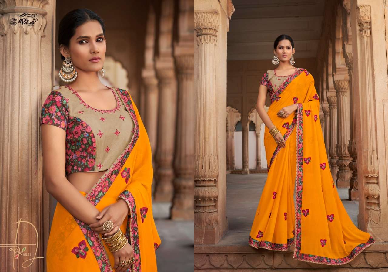 SHANKHAM VOL-18 BY PALAV 6850 TO 6859 SERIES INDIAN TRADITIONAL WEAR COLLECTION BEAUTIFUL STYLISH FANCY COLORFUL PARTY WEAR & OCCASIONAL WEAR CHIFFON SAREES AT WHOLESALE PRICE