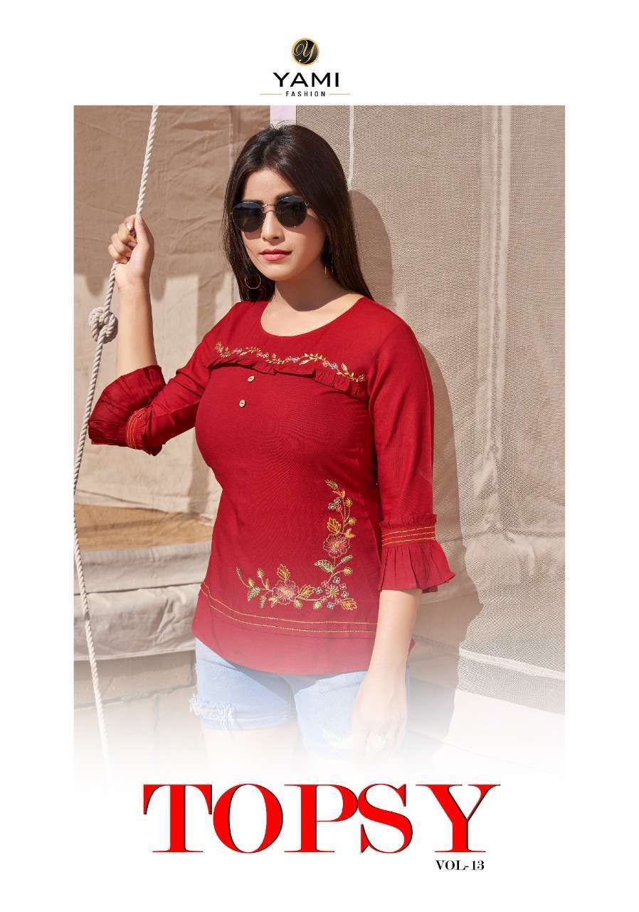 TOPSY VOL-13 BY YAMI FASHION 5261 TO 5269 SERIES BEAUTIFUL STYLISH FANCY COLORFUL CASUAL WEAR & ETHNIC WEAR HEAVY RAYON EMBROIDERED TOPS AT WHOLESALE PRICE