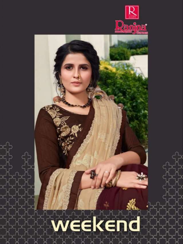 WEEKEND BY RANJNA 1001 TO 1006 SERIES INDIAN TRADITIONAL WEAR COLLECTION BEAUTIFUL STYLISH FANCY COLORFUL PARTY WEAR & OCCASIONAL WEAR GEORGETTE EMBROIDERED SAREES AT WHOLESALE PRICE