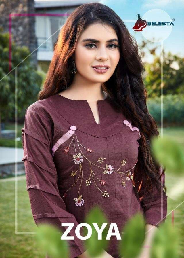 ZOYA BY SELESTA 1001 TO 1005 SERIES DESIGNER STYLISH FANCY COLORFUL BEAUTIFUL PARTY WEAR & ETHNIC WEAR COLLECTION CHINNON HANDWORK KURTIS WITH BOTTOM AT WHOLESALE PRICE