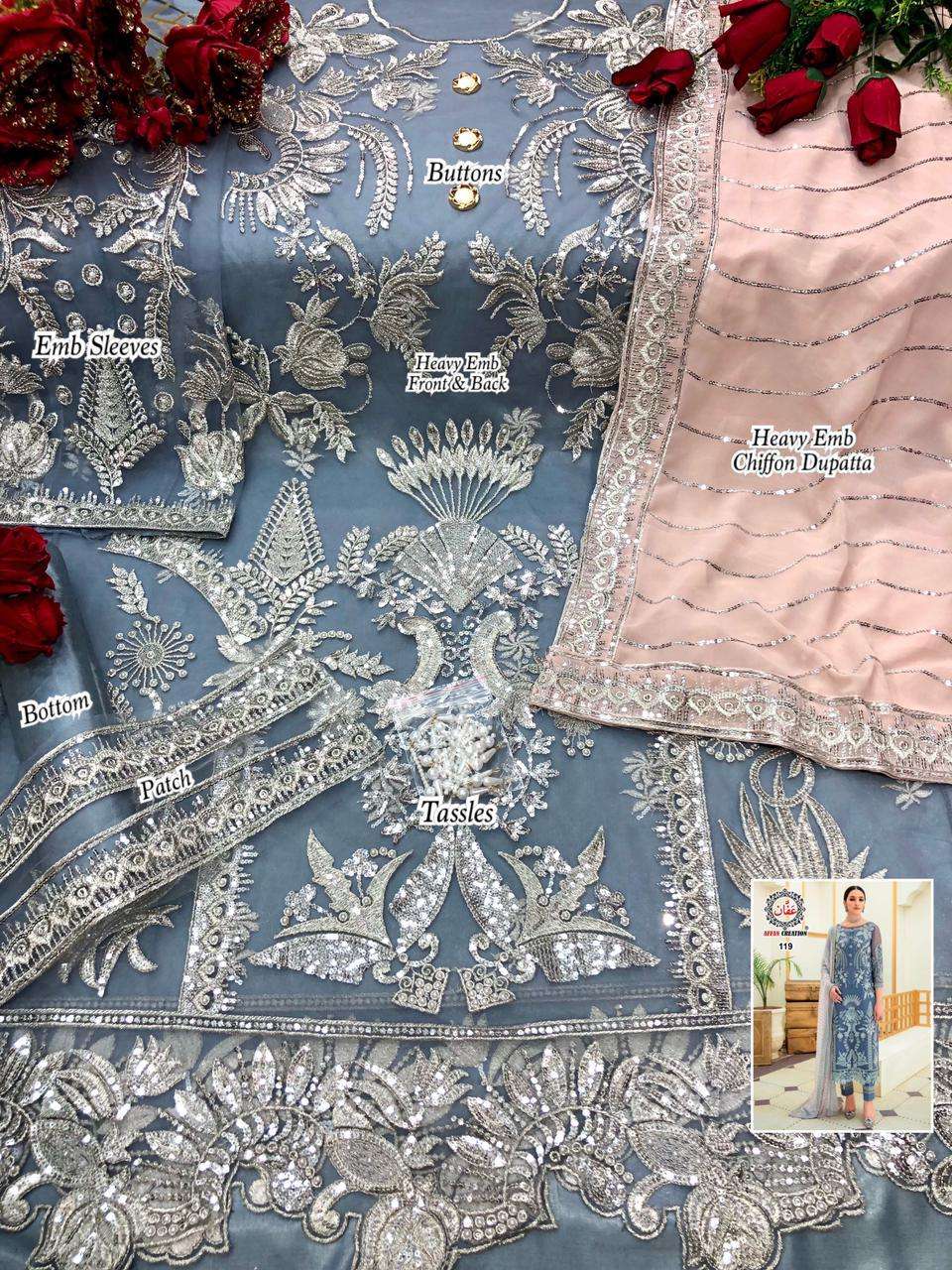 AFFAN CREATION HIT DESIGN 119 BY AFFAN CREATION BEAUTIFUL STYLISH PAKISATNI SUITS FANCY COLORFUL CASUAL WEAR & ETHNIC WEAR & READY TO WEAR HEAVY BUTTERFLY NET WITH EMBROIDERY DRESSES AT WHOLESALE PRICE