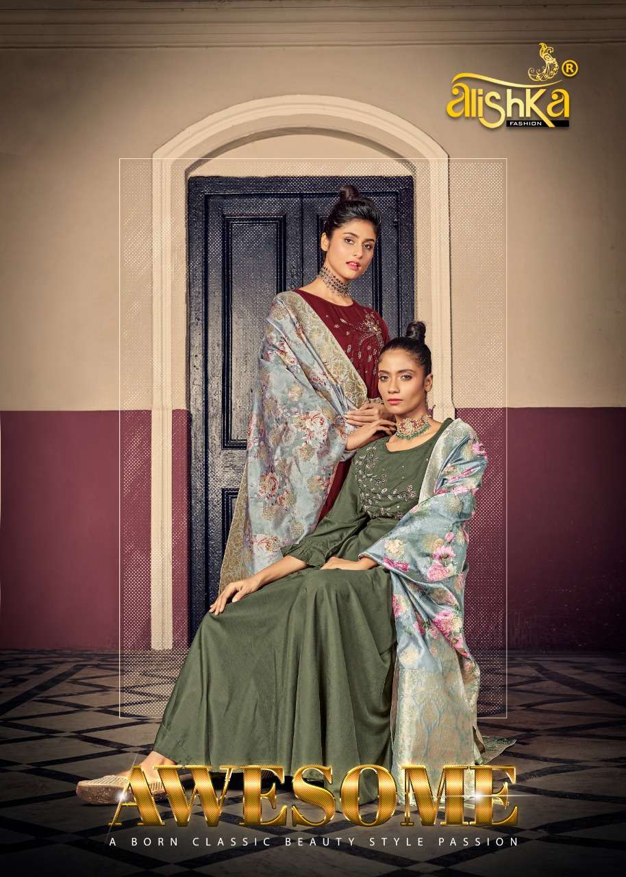 AWESOME BY ALISHKA FASHION 1001 TO 1006 SERIES BEAUTIFUL STYLISH FANCY COLORFUL CASUAL WEAR & ETHNIC WEAR PURE MUSLIN SILK GOWNS WITH DUPATTA AT WHOLESALE PRICE