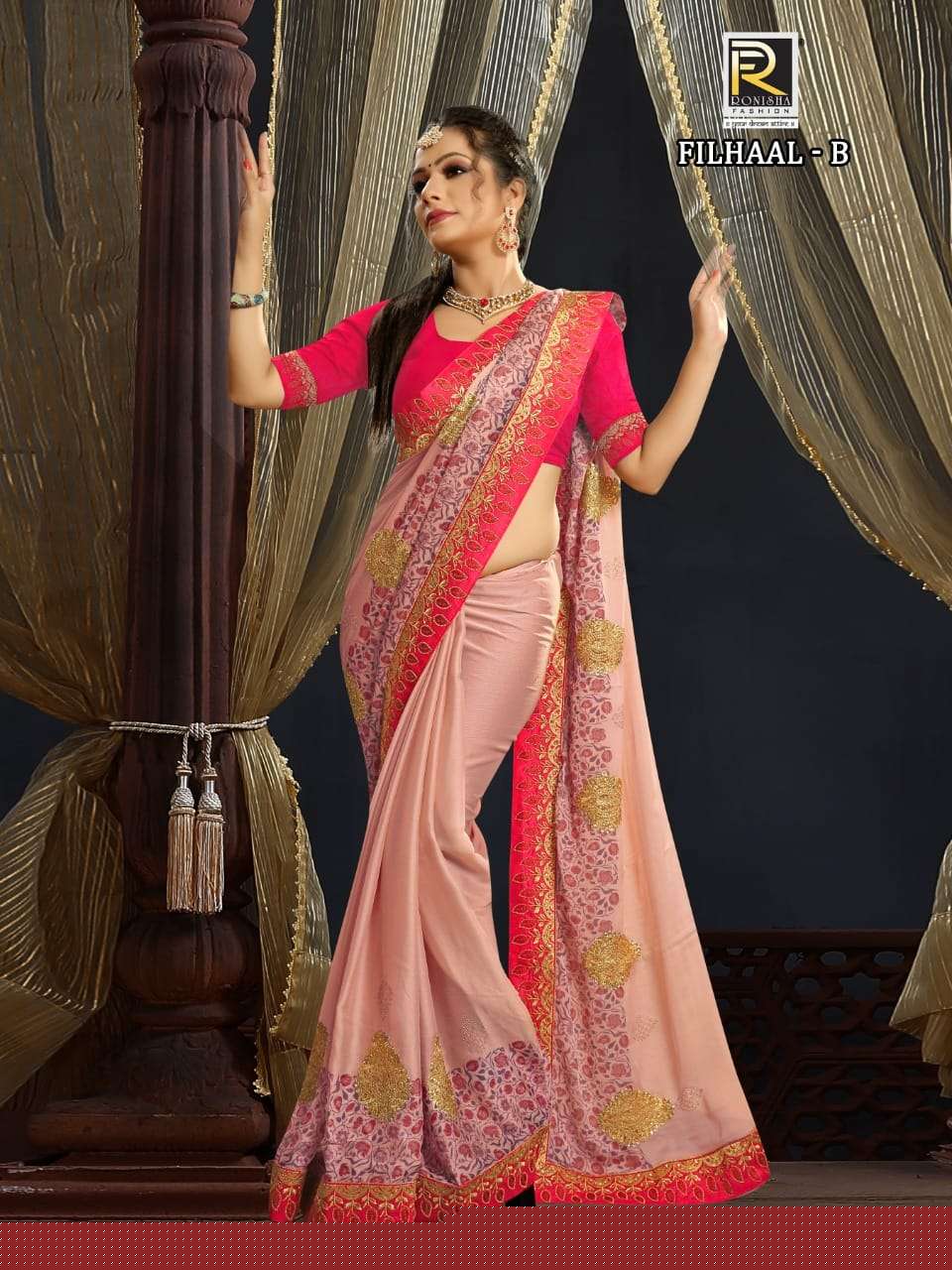 FILHAAL BY RONISHA FASHION A TO E SERIES INDIAN TRADITIONAL WEAR COLLECTION BEAUTIFUL STYLISH FANCY COLORFUL PARTY WEAR & OCCASIONAL WEAR CHIFFON DIGITAL PRINT SAREES AT WHOLESALE PRICE
