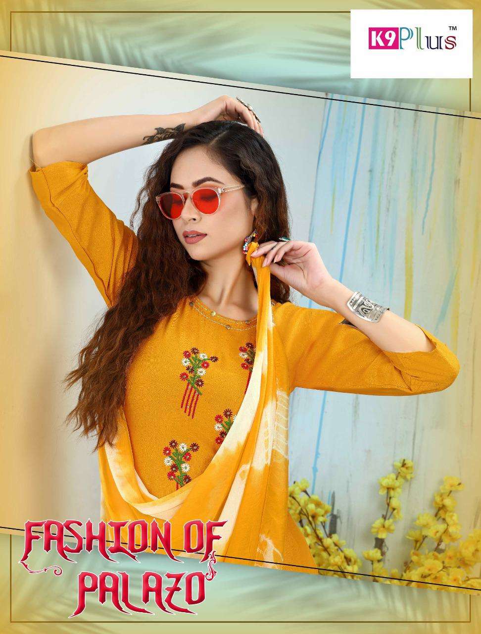 FASHION OF PALAZO BY K9 PLUS 201 TO 308 SERIES BEAUTIFUL SUITS COLORFUL STYLISH FANCY CASUAL WEAR & ETHNIC WEAR RAYON EMBROIDERED DRESSES AT WHOLESALE PRICE