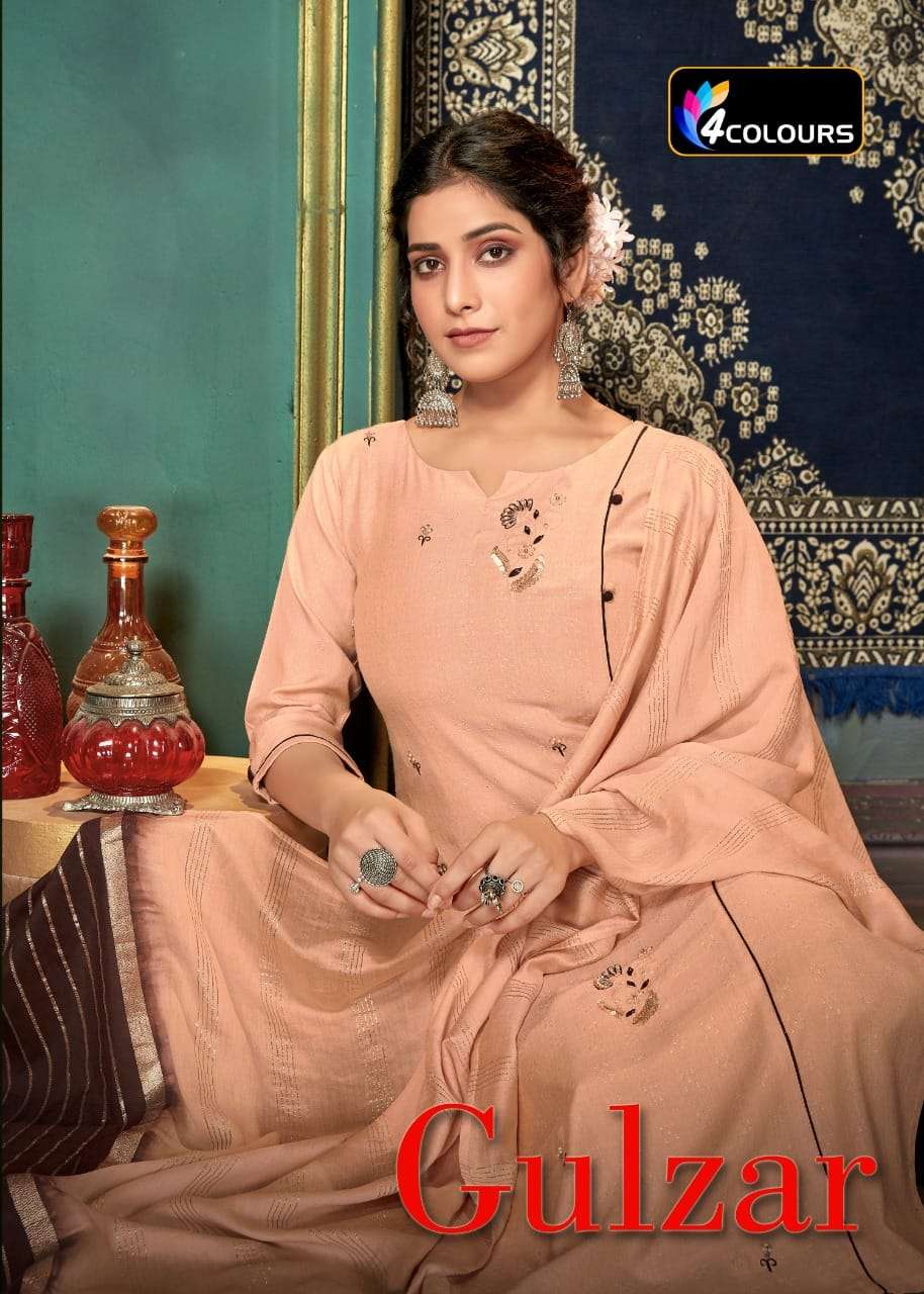 GULZAR BY 4 COLOURS 12001 TO 12005 SERIES BEAUTIFUL SUITS COLORFUL STYLISH FANCY CASUAL WEAR & ETHNIC WEAR HEAVY VISCOSE WEAVING WITH WORK DRESSES AT WHOLESALE PRICE