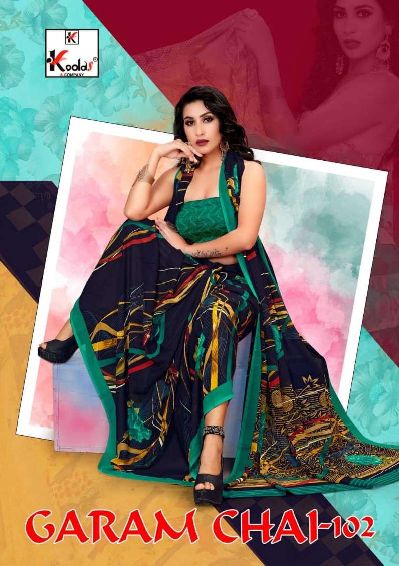 GARAM CHAI VOL-102 BY KODAS 1203 TO 1218 SERIES INDIAN TRADITIONAL WEAR COLLECTION BEAUTIFUL STYLISH FANCY COLORFUL PARTY WEAR & OCCASIONAL WEAR RENIAL PRINT SAREES AT WHOLESALE PRICE