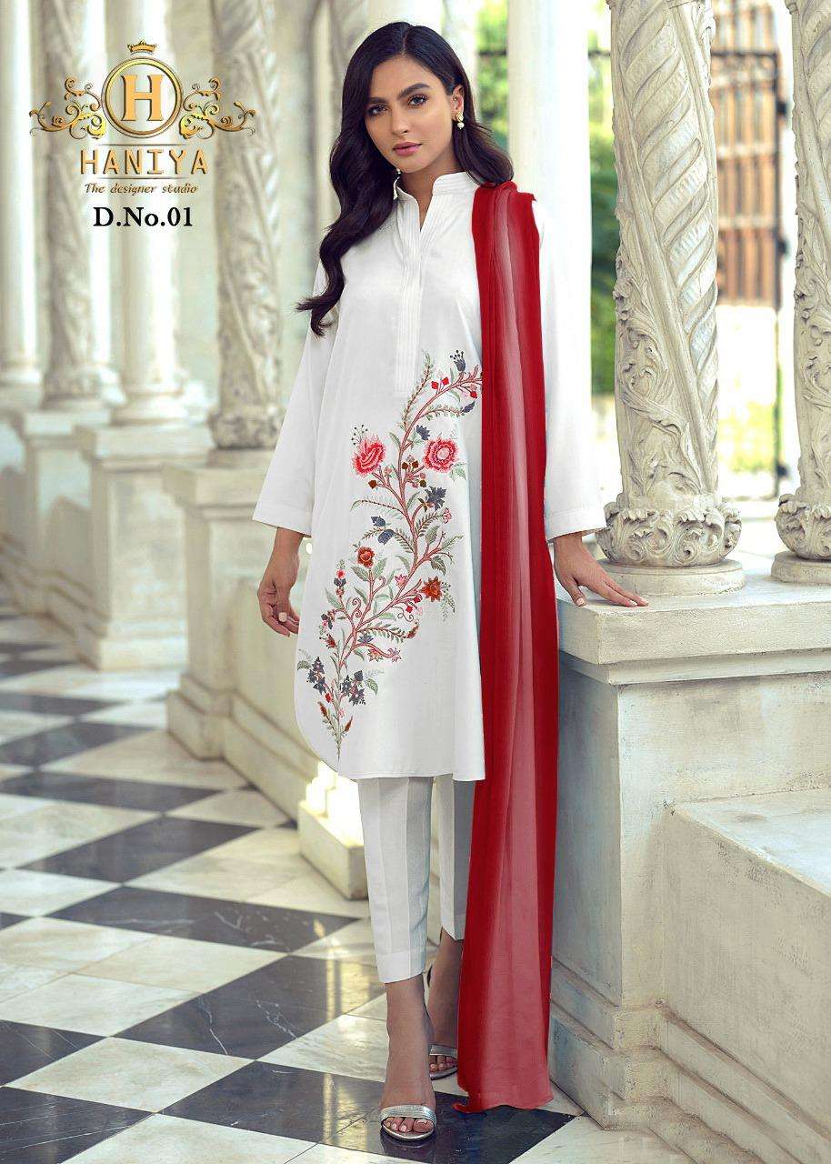 HANIYA 01 COLOURS BY HANIYA 01-A TO 01-D SERIES BEAUTIFUL PAKISTANI SUITS STYLISH FANCY COLORFUL PARTY WEAR & OCCASIONAL WEAR PURE COTTON SATIN DRESSES AT WHOLESALE PRICE