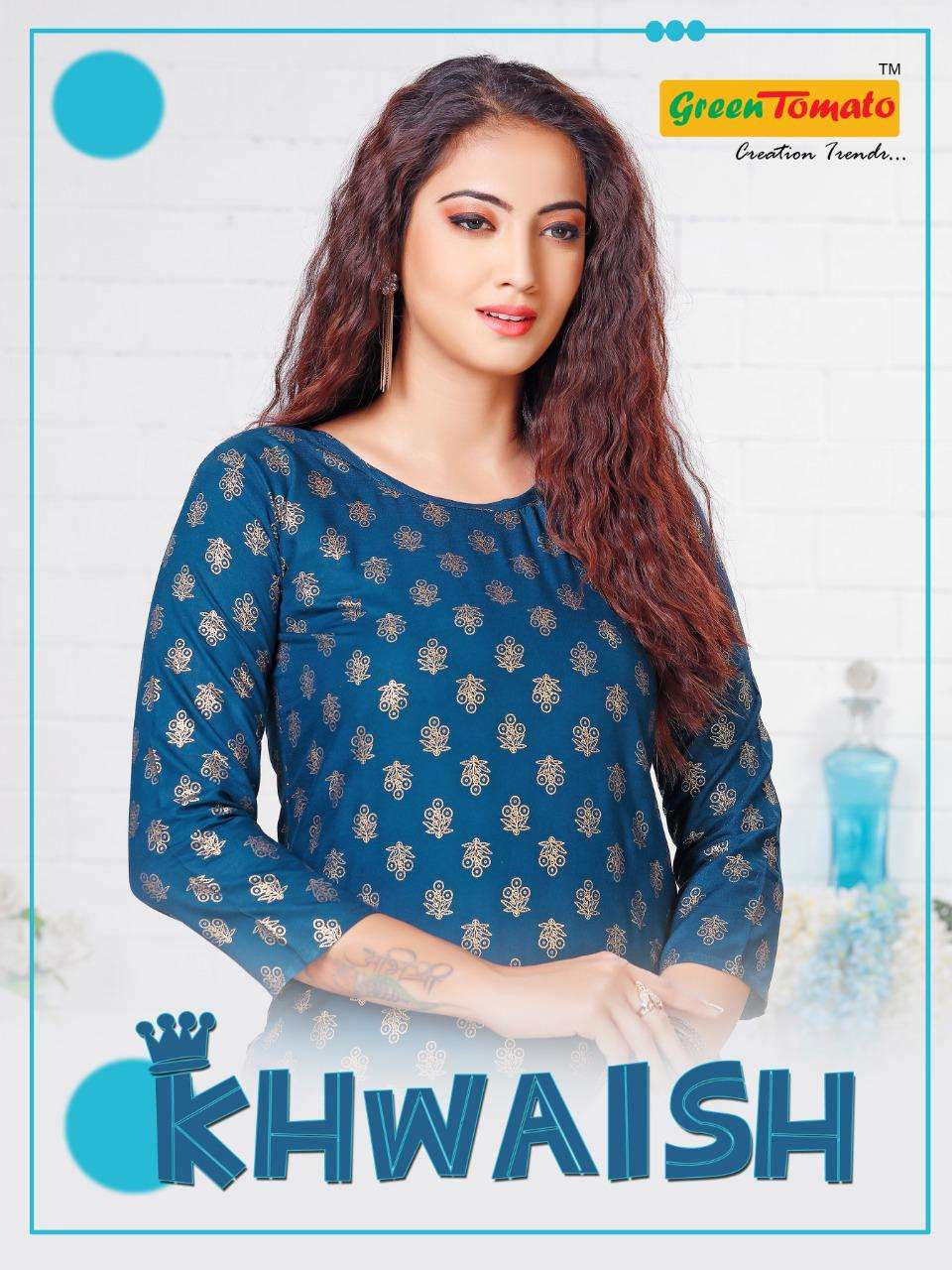 KHWAISH BY GREEN TOMATO 01 TO 08 SERIES DESIGNER STYLISH FANCY COLORFUL BEAUTIFUL PARTY WEAR & ETHNIC WEAR COLLECTION RAYON PRINT KURTIS WITH BOTTOM AT WHOLESALE PRICE