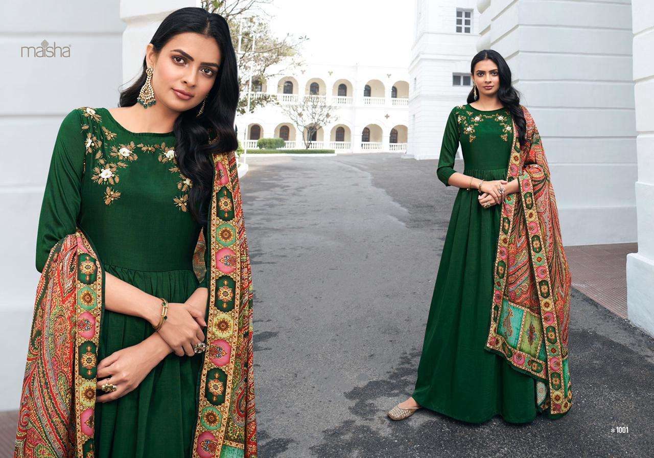 Masleen By Maisha 1001 To 1006 Series Beautiful Stylish Fancy Colorful Casual Wear & Ethnic Wear Pure Viscose Muslin Embroidered Gowns With Dupatta At Wholesale Price