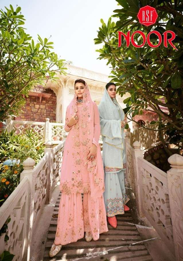 NOOR 18801 SERIES BY RIDDHI SIDDHI FASHION 18801 TO 18804 SERIES BEAUTIFUL STYLISH SHARARA SUITS FANCY COLORFUL CASUAL WEAR & ETHNIC WEAR & READY TO WEAR FAUX GEORGETTE DRESSES AT WHOLESALE PRICE