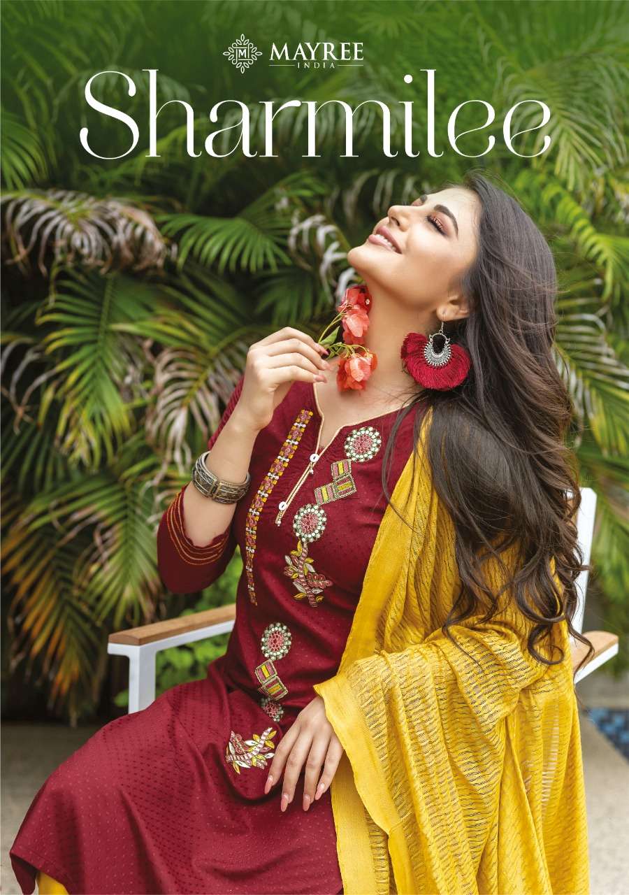 SHARMILEE BY MAYREE 001 TO 008 SERIES BEAUTIFUL SUITS COLORFUL STYLISH FANCY CASUAL WEAR & ETHNIC WEAR RAYON DOBBY EMBROIDERED DRESSES AT WHOLESALE PRICE