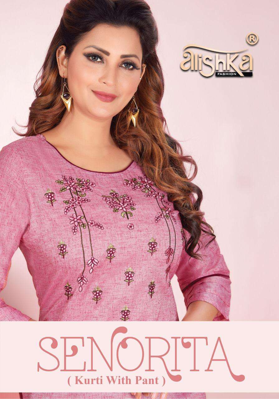 SENORITA BY ALISHKA FASHION 1001 TO 1006 SERIES DESIGNER STYLISH FANCY COLORFUL BEAUTIFUL PARTY WEAR & ETHNIC WEAR COLLECTION PURE COTTON EMBROIDERY KURTIS WITH BOTTOM AT WHOLESALE PRICE
