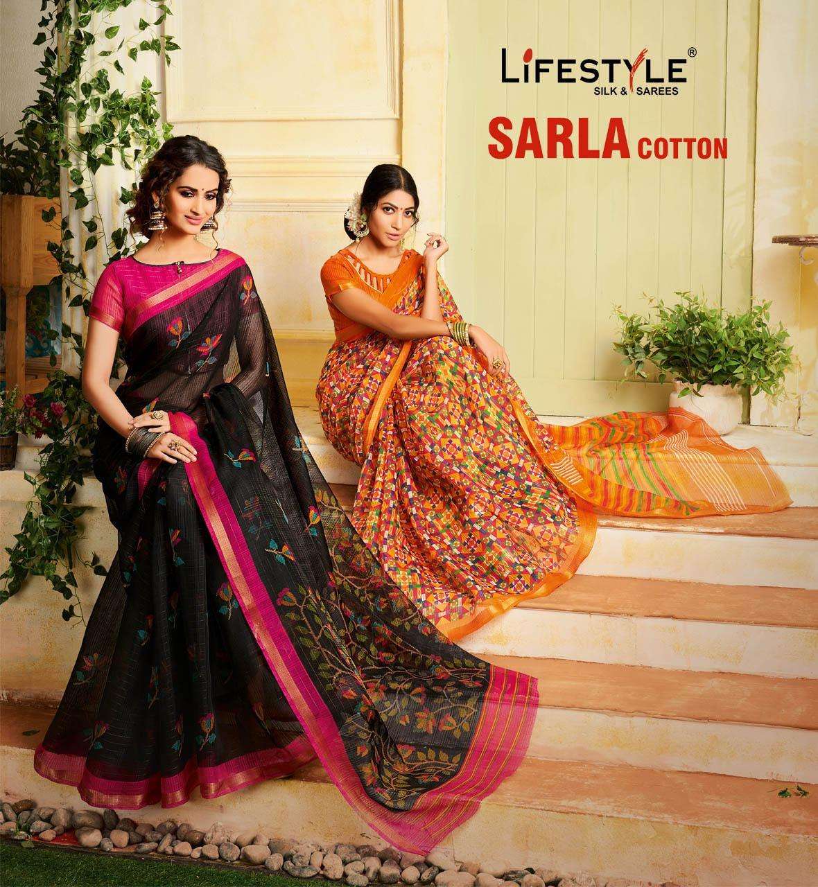 SARLA COTTON BY LIFESTYLE 74861 TO 74872 SERIES INDIAN TRADITIONAL WEAR COLLECTION BEAUTIFUL STYLISH FANCY COLORFUL PARTY WEAR & OCCASIONAL WEAR COTTON JARI SAREES AT WHOLESALE PRICE