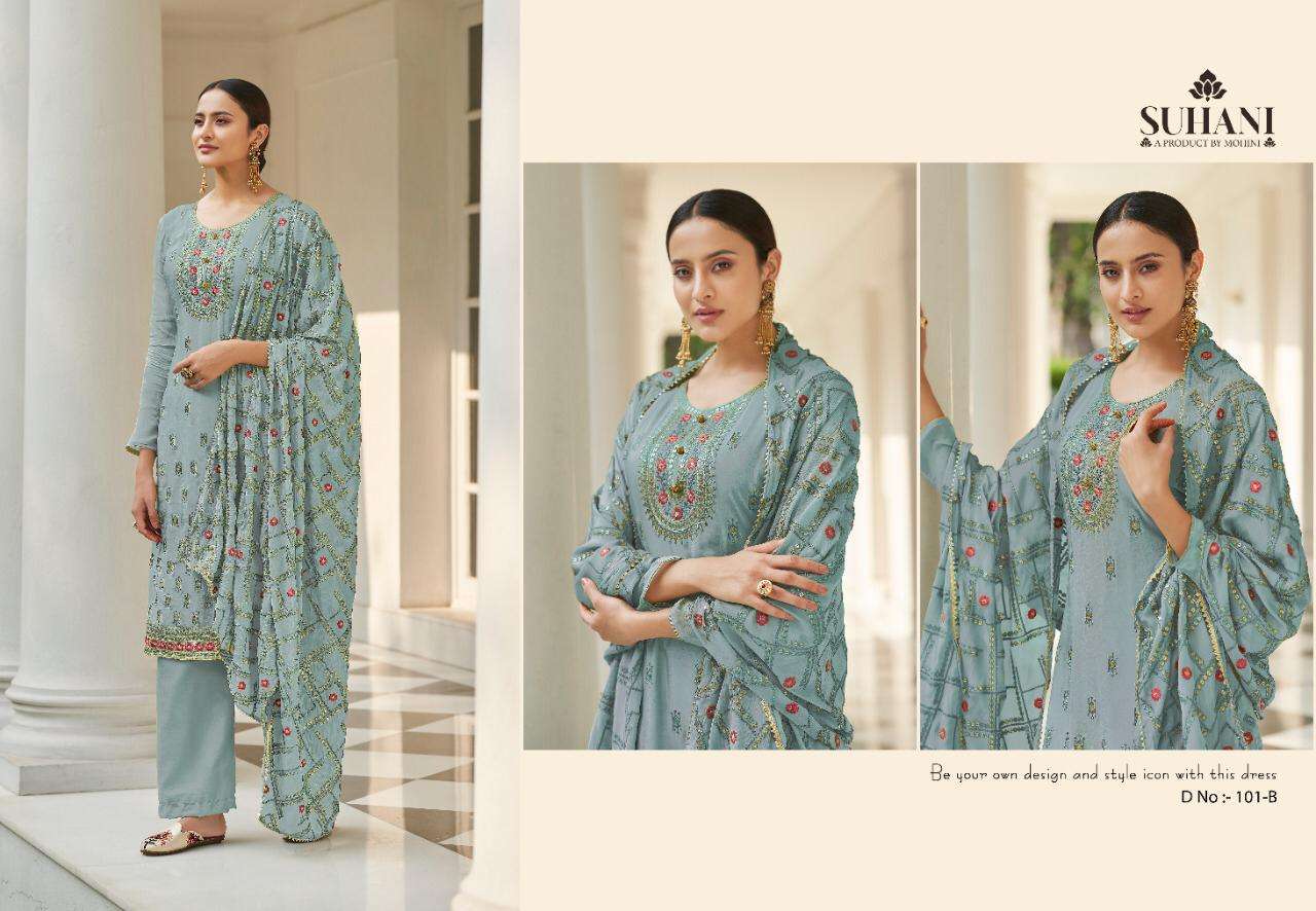SUHANI BY MOHINI FASHION 101-A TO 101-D SERIES BEAUTIFUL SUITS COLORFUL STYLISH FANCY CASUAL WEAR & ETHNIC WEAR PURE VISCOSE CHINNON EMBROIDERED DRESSES AT WHOLESALE PRICE