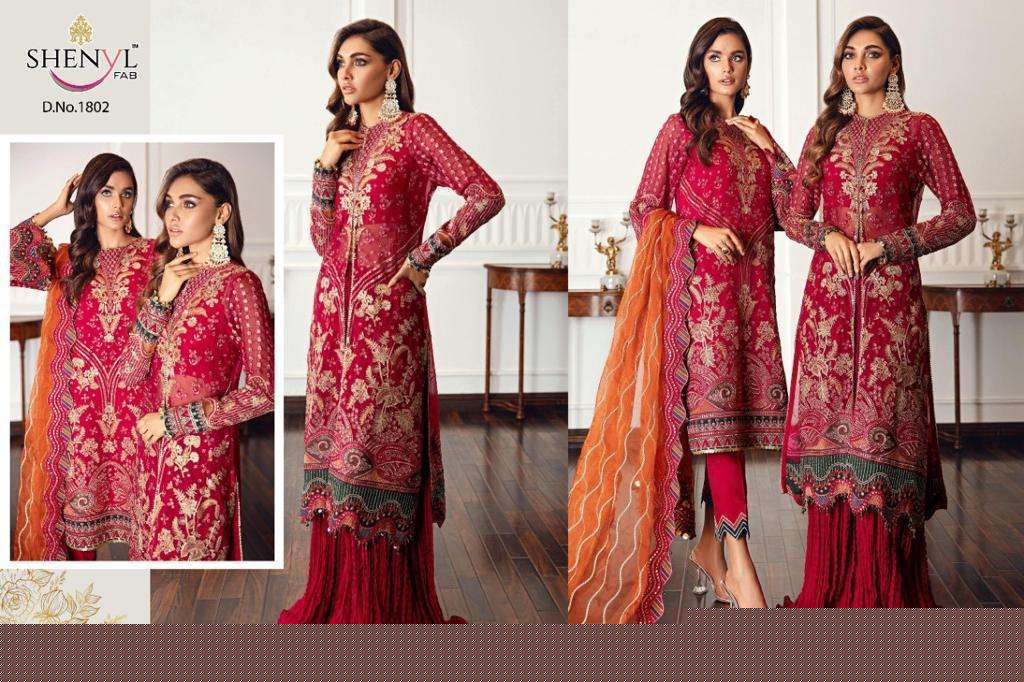 SHENYL HITS VOL-7 BY SHENYL FAB 1801 TO 1804 SERIES DESIGNER PAKISTANI SUITS BEAUTIFUL STYLISH FANCY COLORFUL PARTY WEAR & OCCASIONAL WEAR FAUX GEORGETTE EMBROIDERY DRESSES AT WHOLESALE PRICE