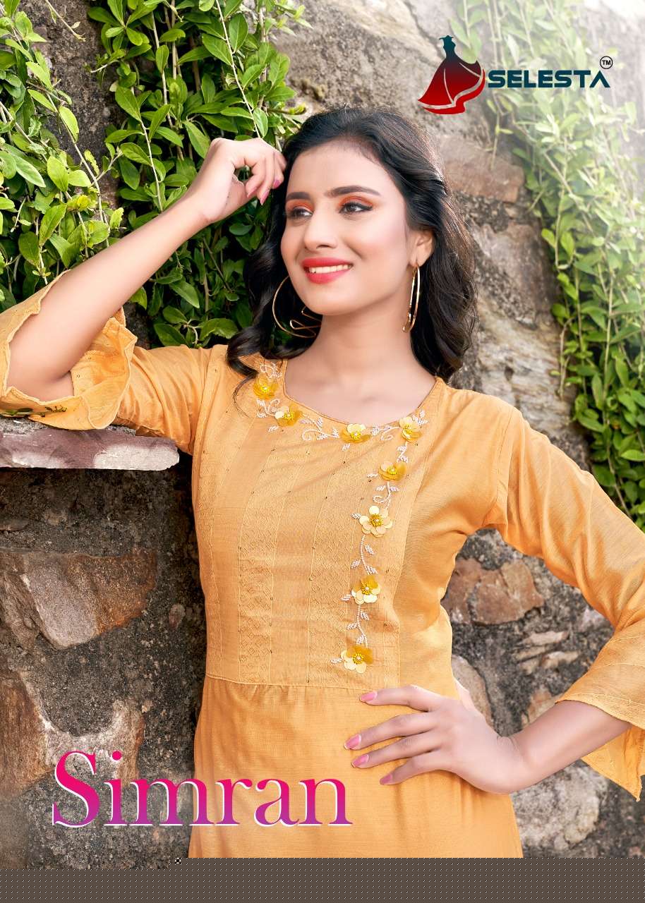 SIMRAN BY SELESTA 1001 TO 1005 SERIES DESIGNER STYLISH FANCY COLORFUL BEAUTIFUL PARTY WEAR & ETHNIC WEAR COLLECTION HEAVY CHANDERI KURTIS AT WHOLESALE PRICE