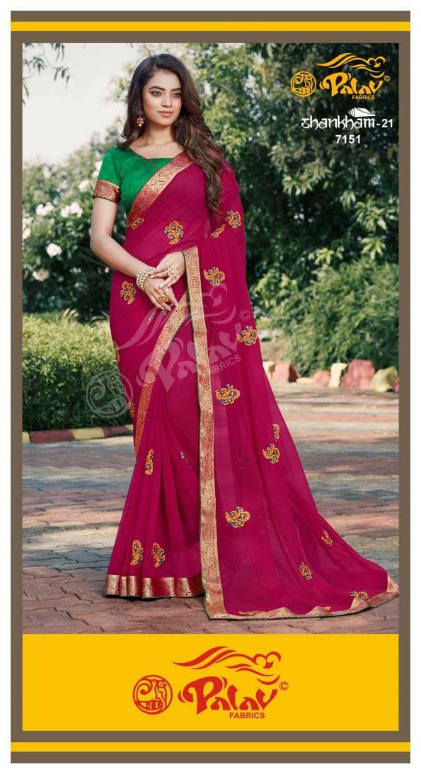 SHANKHAM VOL-21 BY PALAV 7150 TO 7159 SERIES INDIAN TRADITIONAL WEAR COLLECTION BEAUTIFUL STYLISH FANCY COLORFUL PARTY WEAR & OCCASIONAL WEAR GEORGETTE SAREES AT WHOLESALE PRICE